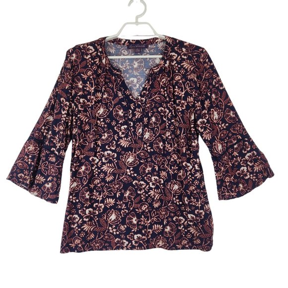 Gloria Vanderbilt Womens Top XL 3/4 Sleeve Navy Coral Floral Print Blouse Tunic - Picture 1 of 8